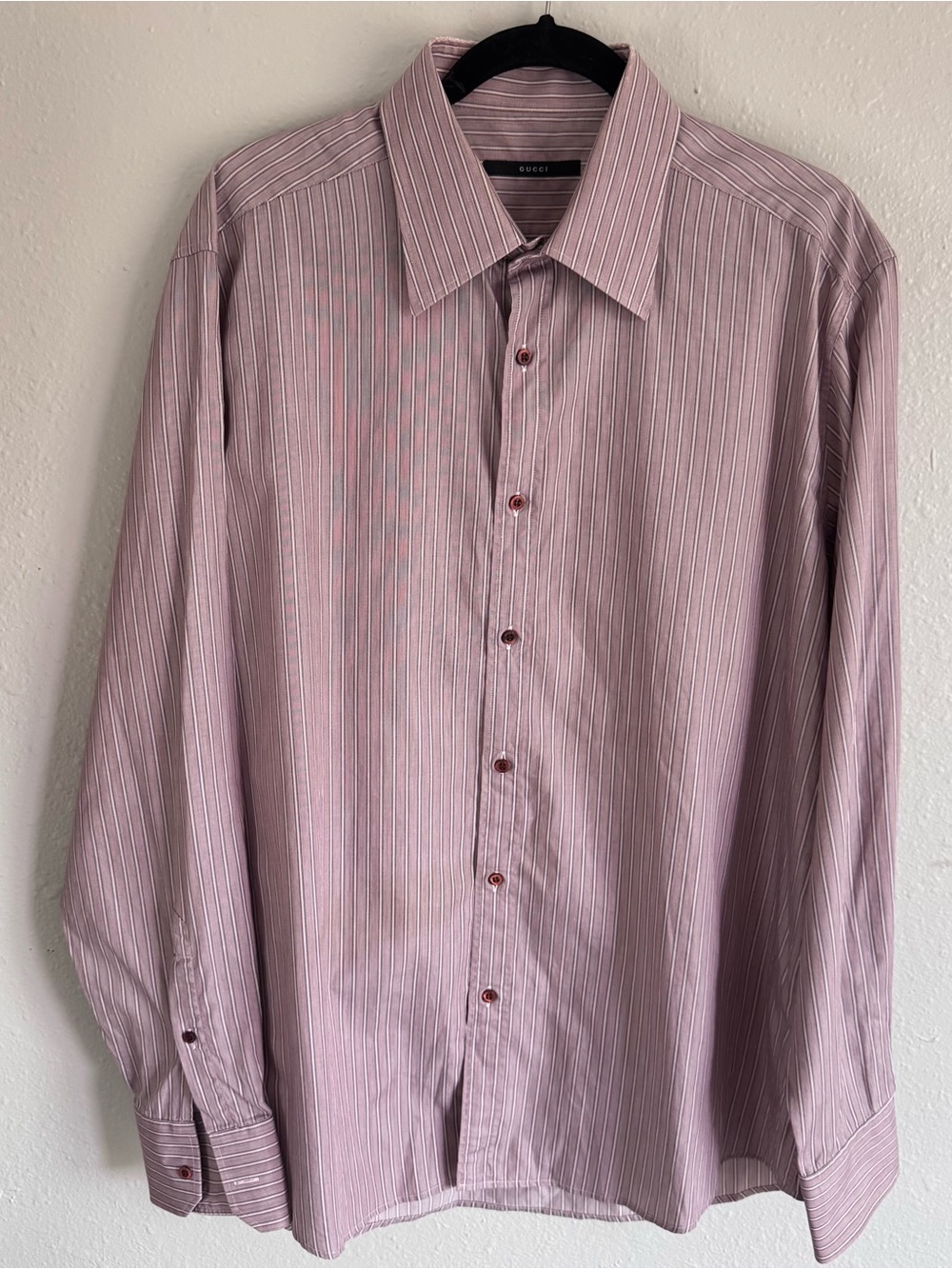 Vintage Gucci Men's Striped Dress Shirt, Tom Ford Era, Mauve Pink, Sz 17.5/44